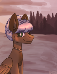 Size: 1622x2104 | Tagged: safe, artist:raya, oc, oc:rosalie, species:pegasus, species:pony, bangs, beach, braid, commission, jewelry, looking at you, necklace, pegasus oc, scenery, solo, sunset, tree