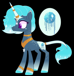 Size: 2696x2760 | Tagged: safe, artist:jackie-sheepwitch, base used, oc, oc only, parent:princess luna, parent:trixie, parents:luxie, species:pony, species:unicorn, black background, ethereal mane, galaxy mane, hoof polish, horn, horn ring, leonine tail, magical lesbian spawn, next generation, offspring, peytral, reference sheet, simple background, solo, unicorn oc