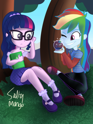 Size: 1536x2048 | Tagged: safe, artist:saltymango, character:rainbow dash, character:twilight sparkle, character:twilight sparkle (scitwi), species:eqg human, my little pony:equestria girls, alternate clothes, alternate hairstyle, book, clothing, confused, converse, cute, dashabetes, digital art, glasses, grass, leggings, mary janes, mountain, one eye closed, shoes, skirt, smiling, snow globe