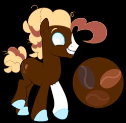 Size: 3912x3800 | Tagged: safe, artist:jackie-sheepwitch, base used, oc, oc only, oc:coffee bean, parent:cheese sandwich, parent:pinkie pie, parents:cheesepie, species:earth pony, species:pony, black background, earth pony oc, hoof polish, male, messy mane, next generation, offspring, reference sheet, simple background, smiling, solo, stallion