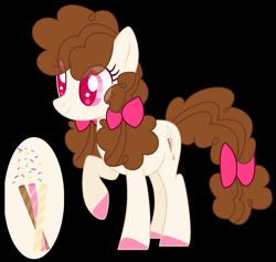 Size: 2128x2016 | Tagged: safe, artist:jackie-sheepwitch, base used, oc, oc only, parent:cheese sandwich, parent:pinkie pie, parents:cheesepie, species:earth pony, species:pony, black background, bow, earth pony oc, hair bow, hoof polish, messy mane, next generation, offspring, reference sheet, simple background, smiling, solo, tail bow