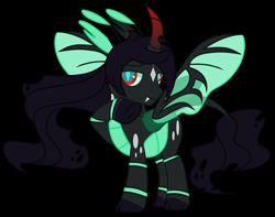 Size: 3464x2736 | Tagged: safe, artist:jackie-sheepwitch, base used, oc, oc only, black background, changeling queen, changeling queen oc, curved horn, green changeling, horn, leonine tail, parents:sombralis, raised hoof, reference sheet, simple background, solo