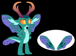 Size: 2216x1648 | Tagged: safe, artist:jackie-sheepwitch, base used, oc, oc only, oc:ether, parent:princess ember, parent:thorax, parents:embrax, species:dragon, antlers, black background, dragonling, hand on hip, hybrid, interspecies offspring, jewelry, necklace, offspring, reference sheet, simple background, solo