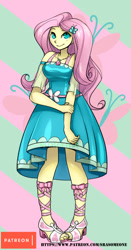 Size: 629x1200 | Tagged: safe, alternate version, artist:srasomeone, character:fluttershy, my little pony:equestria girls, beautiful, clothing, dress, female, geode of fauna, magical geodes, pretty, smiling, solo