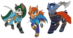 Size: 2000x1050 | Tagged: safe, artist:housho, species:earth pony, species:pony, armor, axe, cape, clothing, eliwood, female, fire emblem, fire emblem: the blazing blade, hector, lyn, lyndis, male, mare, ponified, raised hoof, simple background, stallion, sword, transparent background, weapon