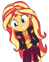 Size: 1207x1520 | Tagged: safe, artist:ponyalfonso, character:sunset shimmer, equestria girls:sunset's backstage pass, g4, my little pony: equestria girls, my little pony:equestria girls, spoiler:eqg series (season 2), clothing, cutie mark, cutie mark on clothes, female, jacket, pants, simple background, solo, teeth, transparent background, vector