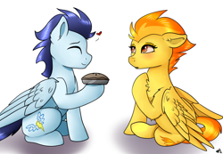Size: 1822x1260 | Tagged: safe, artist:monsoonvisionz, character:soarin', character:spitfire, species:pegasus, species:pony, ship:soarinfire, blushing, cute, eyes closed, female, food, heart, male, mare, pie, shipping, simple background, smiling, stallion, straight, white background