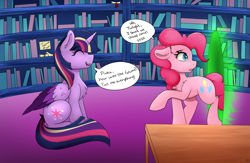 Size: 2000x1300 | Tagged: safe, artist:monsoonvisionz, character:pinkie pie, character:twilight sparkle, character:twilight sparkle (alicorn), species:alicorn, species:earth pony, species:pony, newbie artist training grounds, alternate design, atg 2020, bookshelf, chest fluff, colored wings, colored wingtips, cute, portal, rainbow power, scroll, time travel, twiabetes
