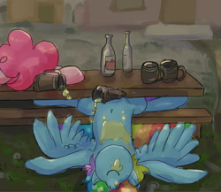 Size: 2000x1732 | Tagged: safe, artist:mandumustbasukanemen, character:pinkie pie, character:rainbow dash, species:earth pony, species:pegasus, species:pony, newbie artist training grounds, alcohol, atg 2020, beer, belly button, bench, bottle, cider, drunk, drunker dash, drunkie pie, duo, female, mare, misleading thumbnail, mug, on back, passed out, sleeping, traditional art
