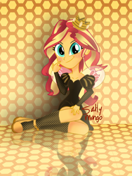 Size: 1536x2048 | Tagged: safe, artist:saltymango, character:sunset shimmer, my little pony:equestria girls, bee, beehive, clothing, costume, crown, cute, dress, female, high heels, insect, jewelry, looking at you, queen bee, regalia, shimmerbetes, shoes, sitting, smiling, solo