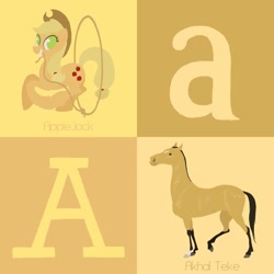 Size: 894x894 | Tagged: safe, artist:citron--vert, character:applejack, species:earth pony, species:pony, a, akhal teke, alphabet, cute, female, grin, horse, jackabetes, lasso, letter, looking at you, mare, no pupils, orange background, raised leg, running, simple background, smiling