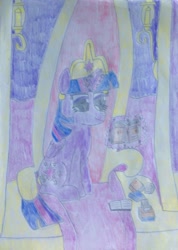 Size: 1204x1692 | Tagged: safe, artist:myoozik, derpibooru original, part of a set, character:twilight sparkle, character:twilight sparkle (alicorn), species:alicorn, species:pony, book, candle, carpet, crown, cutie mark, female, folded wings, horn, jewelry, lamp, levitation, magic, mare, open book, photo, purple eyes, reading, regalia, sitting, sketchbook, smiling, solo, telekinesis, throne, throne room, traditional art, wings