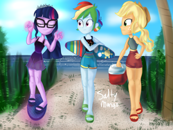 Size: 2048x1536 | Tagged: safe, artist:saltymango, character:applejack, character:rainbow dash, character:twilight sparkle, character:twilight sparkle (scitwi), species:eqg human, my little pony:equestria girls, alternate clothes, alternate hairstyle, beach, clothing, confused, cooler, cute, dashabetes, eyes closed, jackabetes, looking sideways, magic, sand, sandals, showing off, sleeveless, surfboard, surprised, swimsuit, telekinesis, twiabetes