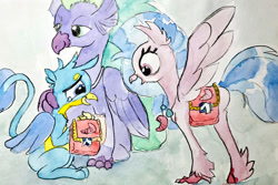 Size: 2000x1333 | Tagged: safe, artist:mandumustbasukanemen, character:gallus, character:seaspray, character:silverstream, species:classical hippogriff, species:griffon, species:hippogriff, newbie artist training grounds, atg 2020, bag, cute, diastreamies, female, gallabetes, happy, male, mandumustbasukanemen is trying to murder us, saddle bag, spread wings, traditional art, wings