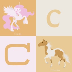 Size: 900x900 | Tagged: safe, artist:citron--vert, character:princess celestia, alphabet, c, campolina, horse, looking at you, missing accessory, open mouth, pink mane, pink-mane celestia, raised hoof, raised leg, rearing, smiling, spread wings, wings