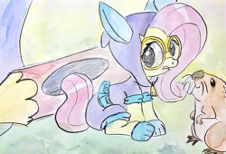 Size: 2000x1358 | Tagged: safe, artist:mandumustbasukanemen, character:fluttershy, species:pony, beaver, clothing, costume, dangerous mission outfit, female, goggles, hoodie, log, looking at you, sitting, three quarter view, traditional art, watercolor painting