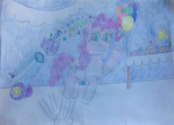 Size: 1675x1208 | Tagged: safe, artist:myoozik, derpibooru original, part of a set, character:pinkie pie, species:earth pony, species:pony, balloon, banner, blue eyes, breaking the fourth wall, cake, confetti, cutie mark, female, food, gramophone, grin, ladle, looking at you, mare, party, party cannon, photo, pink hair, pronking, punch (drink), punch bowl, record player, sketchbook, smiling, solo, streamers, table, traditional art, waving