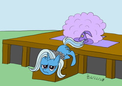 Size: 1920x1358 | Tagged: safe, artist:darkdabula, character:trixie, chains, clothing, escape, fail, fallen, female, hat, sad, smoke, solo, stage, stairs, tied up, trixie's hat