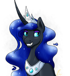 Size: 1080x1172 | Tagged: safe, artist:marsh-mal-oh, character:nightmare moon, character:princess luna, species:alicorn, species:pony, bust, crown, cute, ethereal mane, female, grin, jewelry, mare, peytral, portrait, queen, regalia, signature, simple background, smiling, solo, transparent background