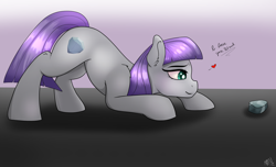 Size: 2600x1576 | Tagged: safe, artist:monsoonvisionz, character:boulder, character:maud pie, species:earth pony, species:pony, crouching, cute, female, floating heart, heart, maudabetes, pet rock, rock, smiling, when she smiles