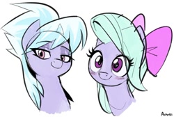 Size: 1070x721 | Tagged: safe, artist:azamiii, character:cloudchaser, character:flitter, species:pegasus, species:pony, blushing, bow, bust, cute, cutechaser, duo, eye clipping through hair, eyeshadow, female, flitterbetes, hair bow, head tilt, lidded eyes, looking at you, makeup, mare, portrait, simple background, smiling, smirk, smug, white background