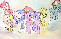 Size: 2000x1283 | Tagged: safe, artist:mandumustbasukanemen, character:applejack, character:fluttershy, character:pinkie pie, character:rainbow dash, character:rarity, character:tempest shadow, character:twilight sparkle, species:earth pony, species:pegasus, species:pony, species:unicorn, newbie artist training grounds, atg 2020, female, flying, group, mane six, mare, traditional art