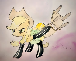 Size: 2000x1599 | Tagged: safe, artist:mandumustbasukanemen, character:applejack, species:earth pony, species:pony, episode:somepony to watch over me, g4, my little pony: friendship is magic, applejack's hat, chair, clothing, cowboy hat, female, hat, latex, latex socks, mare, socks, solo, traditional art
