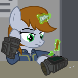 Size: 2083x2083 | Tagged: safe, artist:kitana762, oc, oc only, oc:littlepip, species:pony, species:unicorn, fallout equestria, bored, clothing, fanfic, fanfic art, female, glowing horn, hooves, horn, levitation, magic, mare, pipbuck, screwdriver, solo, stable, stable 2, telekinesis, vault suit, working