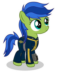 Size: 2000x2500 | Tagged: safe, artist:kitana762, oc, oc only, oc:scotch tape, species:earth pony, species:pony, fallout equestria, fallout equestria: project horizons, clothing, fanfic art, female, filly, jumpsuit, pipbuck, simple background, solo, transparent background, vault suit