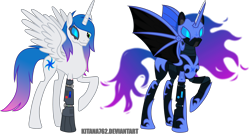 Size: 3964x2159 | Tagged: safe, artist:kitana762, character:nightmare moon, character:princess luna, oc, oc:vortex glow, species:alicorn, species:pony, fallout equestria, amputee, armor, artificial alicorn, augmented, bat wings, biohacking, cyber pony, cyborg, ethereal mane, fallout equestria: unity redux, female, glowing eyes, power armor, simple background, transparent background, unity, wings