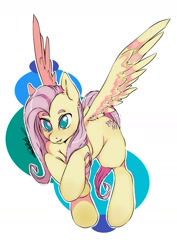 Size: 1280x1811 | Tagged: safe, artist:miphassl, character:fluttershy, species:pegasus, species:pony, blushing, fanart, female, looking at you, mare, no pupils, open mouth, outline, simple background, smiling, solo, spread wings, white background, white outline, wings