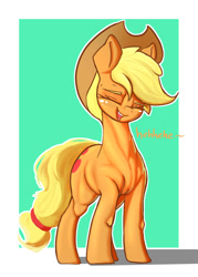 Size: 1250x1750 | Tagged: safe, artist:welost, character:applejack, species:earth pony, species:pony, applejacked, clothing, eyes closed, female, hat, laughing, mare, muscles, open mouth, simple background, smiling, solo