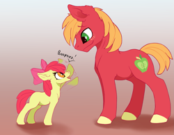 Size: 1725x1346 | Tagged: safe, artist:wbp, derpibooru original, character:apple bloom, character:big mcintosh, species:earth pony, species:pony, adorabloom, boop, brother and sister, colored hooves, cute, dialogue, duo, ear fluff, female, filly, floppy ears, freckles, gradient background, macabetes, male, shadow, siblings, simple background, stallion, waving