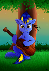 Size: 1540x2200 | Tagged: safe, artist:monsoonvisionz, oc, oc only, species:pegasus, species:pony, buck, guitar, male, musical instrument, solo, stallion, tree