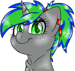 Size: 1281x1200 | Tagged: safe, artist:songheartva, oc, oc only, oc:vivid glow, species:pony, species:unicorn, chest fluff, cute, ear piercing, female, freckles, gray, looking at you, makeup, mare, ocbetes, simple background, smiling at you, solo, transparent background