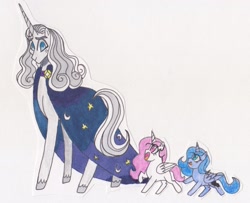 Size: 1913x1550 | Tagged: safe, artist:draw1709, character:princess celestia, character:princess luna, character:star swirl the bearded, species:pony, cewestia, female, filly, pink-mane celestia, traditional art, woona, younger