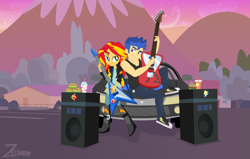Size: 14655x9308 | Tagged: safe, artist:zeldarondl, character:flash sentry, character:sunset shimmer, ship:flashimmer, my little pony:equestria girls, burger, car, electric guitar, female, food, guitar, hamburger, male, milkshake, mountain, musical instrument, shipping, speakers, straight