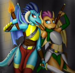 Size: 2544x2449 | Tagged: safe, artist:bomzzzik, character:princess ember, character:smolder, species:anthro, species:dragon, armor, digital art, dragon warrior, dragoness, dungeon, fanart, female