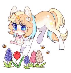 Size: 1129x1159 | Tagged: safe, artist:kitten-in-the-jar, oc, oc:soleil, species:pony, species:unicorn, bee, female, flower, insect, mare, mouth hold, simple background, solo, transparent background, watering can