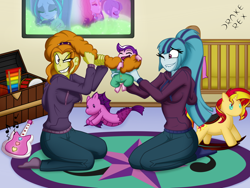 Size: 2000x1500 | Tagged: safe, artist:drake-rex, character:adagio dazzle, character:aria blaze, character:sonata dusk, character:sunset shimmer, oc, oc:melody blaze, parent:aria blaze, my little pony:equestria girls, adagio dazzle is not amused, babysitting, clothing, commission, hair pulling, lidded eyes, lip bite, missing shoes, music, one eye closed, onesie, parent:oc:malicore, socks, toy