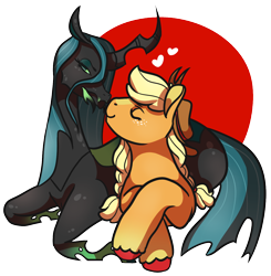 Size: 1176x1198 | Tagged: safe, artist:eonionic, character:applejack, character:queen chrysalis, species:changeling, species:pony, chrysajack, crack shipping, female, lesbian, prone, shipping