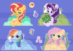 Size: 2048x1427 | Tagged: safe, artist:auroracursed, character:fluttershy, character:phyllis, character:rainbow dash, character:starlight glimmer, character:sunset shimmer, species:pegasus, species:pony, species:unicorn, obtrusive watermark, sticker, watermark