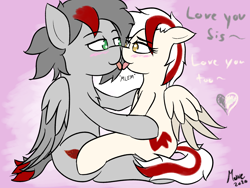 Size: 2000x1500 | Tagged: safe, artist:move, oc, oc only, oc:arya, oc:move, species:pegasus, species:pony, blushing, colored, cutie mark, duo, female, flat colors, golden eyes, green eyes, incest, love, male, mlem, pink background, shipping, silly, simple background, sitting, sitting on lap, smiling, tongue out