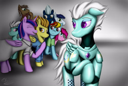 Size: 2985x2001 | Tagged: safe, artist:bomzzzik, character:fleetfoot, character:night glider, character:pinkie pie, character:rainbow dash, character:soarin', character:spitfire, character:twilight sparkle, species:pegasus, species:pony, digital art, duality, fanart, female, group, robot, robot pony, roboticization, wonderbolts
