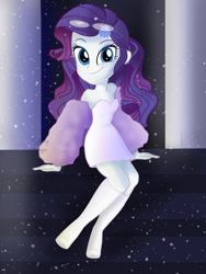 Size: 1536x2048 | Tagged: safe, artist:saltymango, character:rarity, my little pony:equestria girls, adorable face, alternate clothes, alternate hairstyle, bare shoulders, boots, cute, fashion, female, glasses, looking at you, raribetes, shoes, sitting, smiling, smiling at you, solo