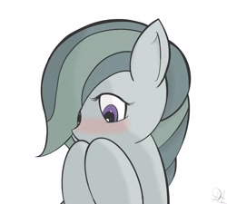Size: 3218x2895 | Tagged: safe, artist:drawalaverr, character:marble pie, species:earth pony, species:pony, blushing, female, high res, looking down, mare, shy, simple background, solo, white background