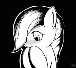 Size: 3218x2895 | Tagged: safe, artist:drawalaverr, character:marble pie, species:earth pony, species:pony, blushing, dark background, female, grayscale, high res, looking down, mare, monochrome, shy, solo