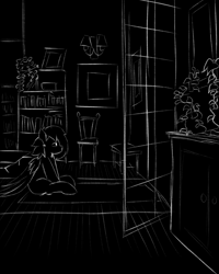 Size: 2000x2500 | Tagged: safe, artist:move, oc, oc only, oc:move, species:pegasus, species:pony, black and white, bookcase, carpet, furniture, grayscale, looking up, melancholy, monochrome, open door, pillow, plant, sketch, sky, stare, window, wings