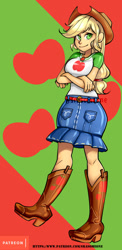 Size: 486x1000 | Tagged: safe, alternate version, artist:srasomeone, character:applejack, my little pony:equestria girls, breasts, busty applejack, clothing, cowboy hat, crossed arms, female, freckles, hat, looking at you, skirt, smiling, solo, stetson
