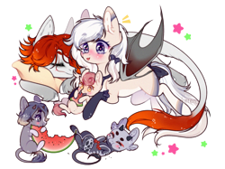 Size: 1461x1092 | Tagged: safe, artist:kitten-in-the-jar, oc, oc only, species:draconequus, species:pegasus, species:pony, female, food, hybrid, mare, pillow, watermelon